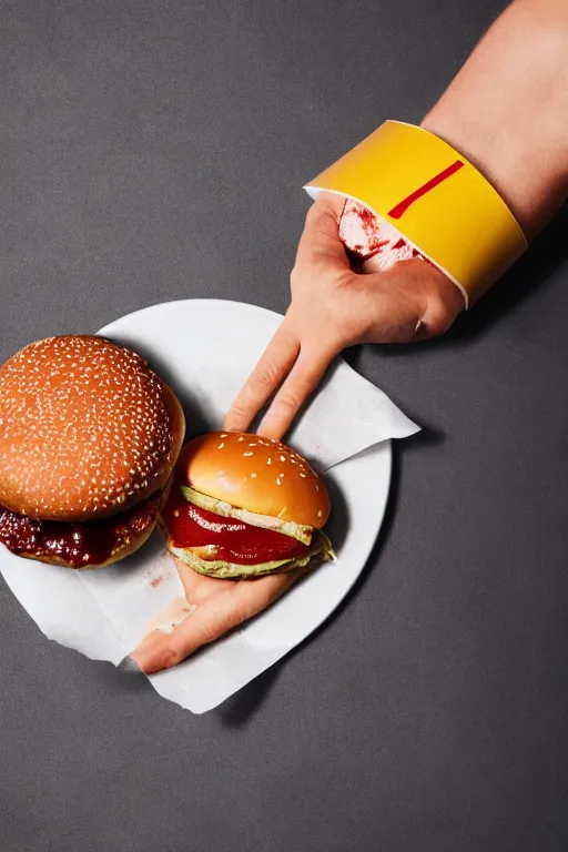 Image similar to mcdonalds hamburger covered in blood with a bite taken out, commercial photography