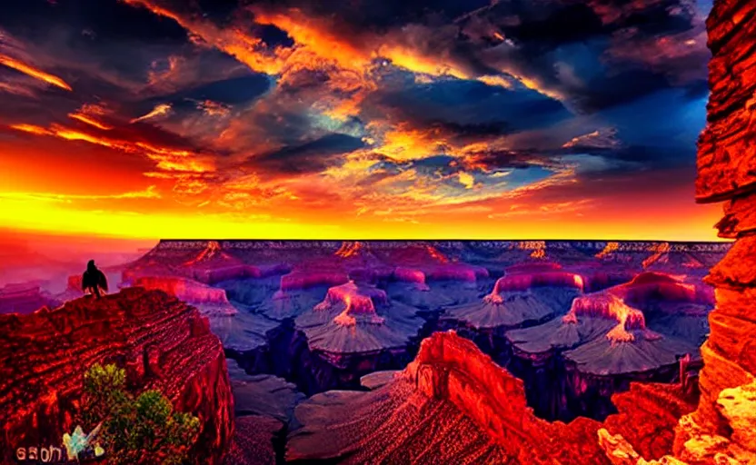 Image similar to an epic painting of the grand canyon at a colorful sunset, in the style of avatar, epic scene, extremely detailed masterpiece, extremely moody lighting, glowing light and shadow, atmospheric, shadowy, cinematic, god lighting