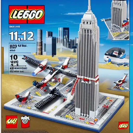 Prompt: twin towers with planes 9 - 1 1 lego set