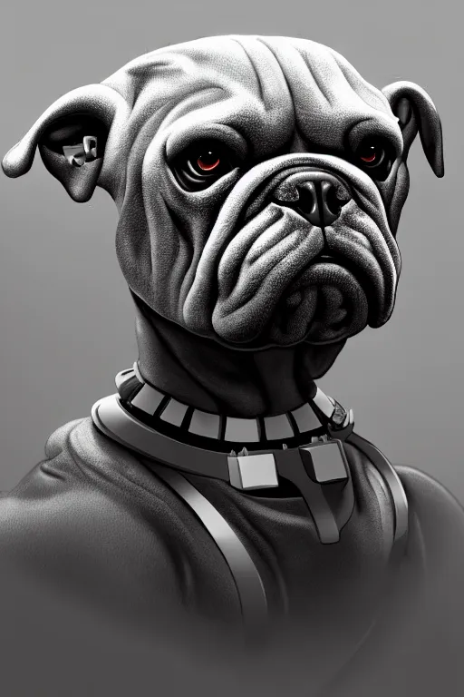 Prompt: a portrait of cyborg bulldog, high - contrast, intricate, elegant, highly detailed, digital painting, artstation, concept art, smooth, illustration