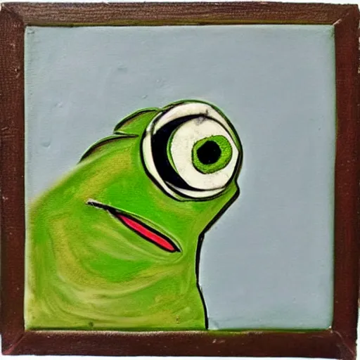 Prompt: pepe the frog as a bizantine icon, encaustic painting on wood