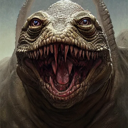 Prompt: vladimir putin, anthropomorphic bald prehistoric reptile, putin is hybrid lizard, toothless, horror, macabre by donato giancola and greg rutkowski and wayne barlow and zdzisław beksinski, realistic face, digital art