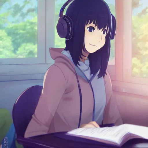 Prompt: Anime painting of a black haired girl wearing headphones while studying in her warm cozy home, by makoto shinkai, relaxed, calm, atmospheric, peacefull, trending on artstation, kimi no na wa