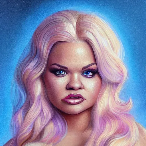 Image similar to clear portrait of trisha paytas, adorable appearance!!!, golden hour, happy apearance, cottagecore!!, background hyper detailed, character concept, full body, dynamic pose, intricate, elegant, highly detailed, digital painting, artstation, concept art, smooth, sharp focus, illustration, art by artgerm and greg rutkowski and alphonse mucha