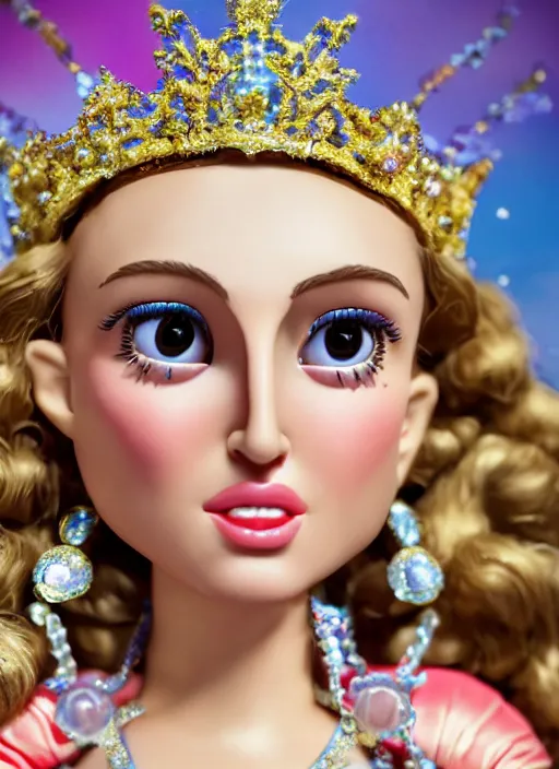 Image similar to closeup face profile portrait of tin toy natalie portman as a blonde fairytale princess wearing a crown eating cakes, bikini, depth of field, zeiss lens, detailed, symmetrical, centered, fashion photoshoot, by nicoletta ceccoli, mark ryden, lostfish, breathtaking, 8 k resolution, extremely detailed, beautiful, establishing shot, artistic, hyperrealistic, octane render