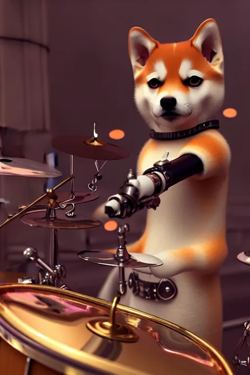 Image similar to high quality 3 d render very cute cyborg shiba inu plays drums, cyberpunk highly detailed, unreal engine cinematic smooth, in the style of blade runner & pixar, hannah yata charlie immer, moody light, low angle, uhd 8 k, sharp focus