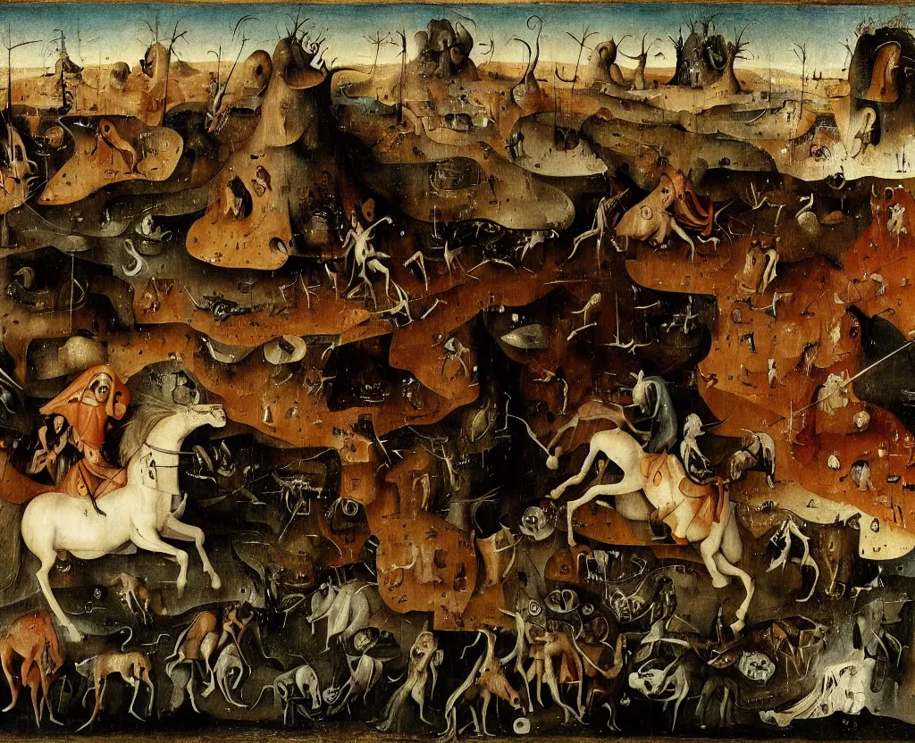 Image similar to the four horsemen of the modern apocalypse by hieronymus bosch