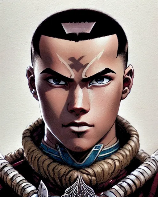 Image similar to sokka from avatar the last airbender, character portrait, portrait, close up, concept art, intricate details, highly detailed by greg rutkowski, michael whelan and gustave dore