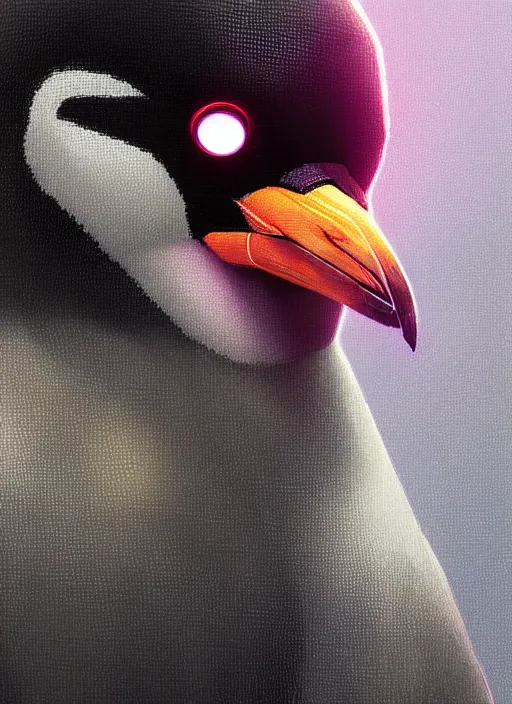 Prompt: close - up cyberpunk penguin, lens, electric, neon, highly detailed, intricate, coherent, luminescent, digital painting, artstation, concept art, smooth, sharp focus, illustration, art by artgerm and greg rutkowski and alphonse mucha, 8 k