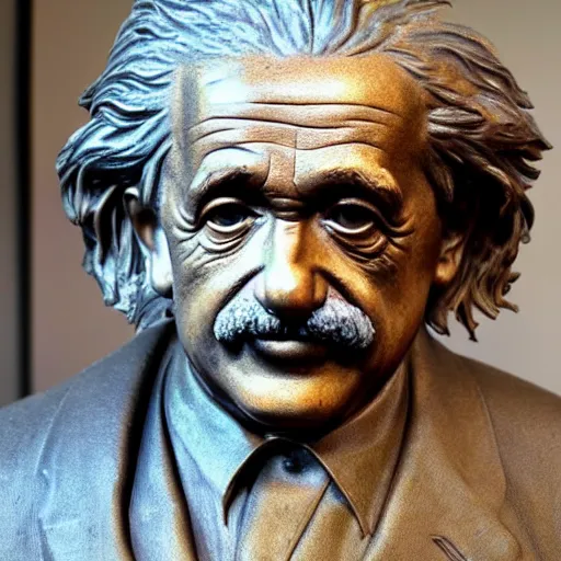 Image similar to a bronze bust of Albert Einstein visible disappointed by humanity