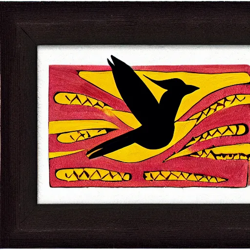 Image similar to a bird rising above the flames, mexican folk art, native american folk art, relief engraving, framed art, very simple, extremely abstract, deep black shading, mild expressionism, award winning