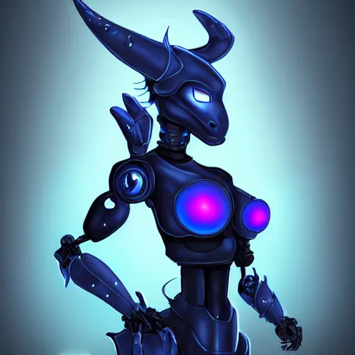 Image similar to epic concept art of a close bust shot of a cute and beautiful anthro female robot dragon standing in front of the camera, has two adorable blue eyes on a smooth draconic head with two horns, a sleek yet elegant design, with two big epic wings behind her, two arms, the background is of the beach at night; high quality digital art, artstation, deviantart, furaffinity, high quality detail