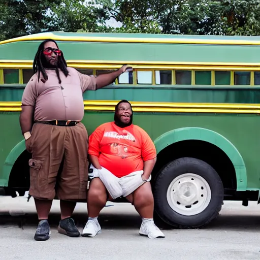 Image similar to overweight african american male school bus driver with dreads, wearing shorts with chubby legs, big moe, symmetric face, photo, posing in front of schoolbus