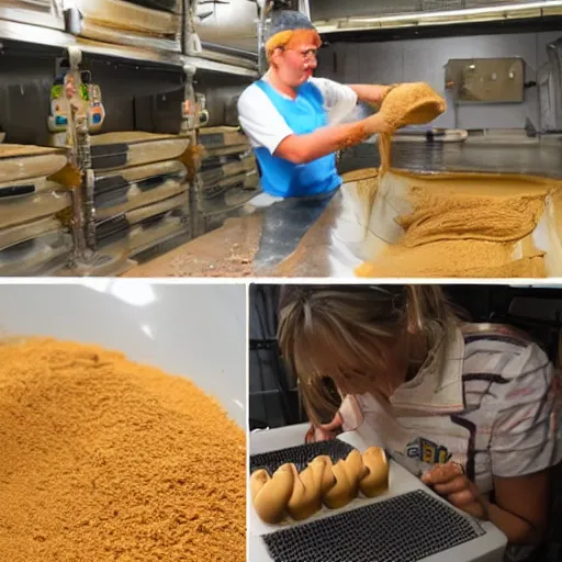 Prompt: working in a peanut butter factory