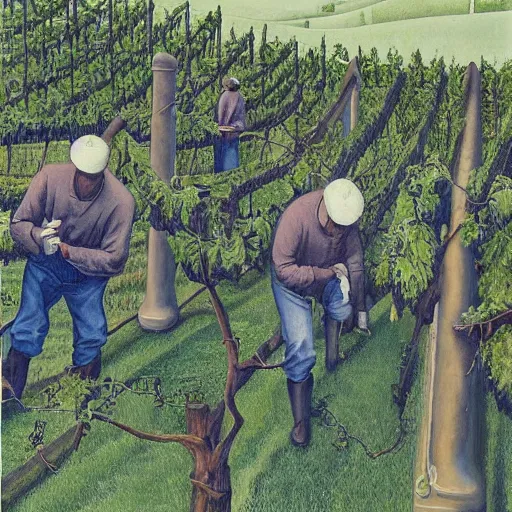 Image similar to Hyperrealism traditional austrian vineyard with workers, painting by MC Escher