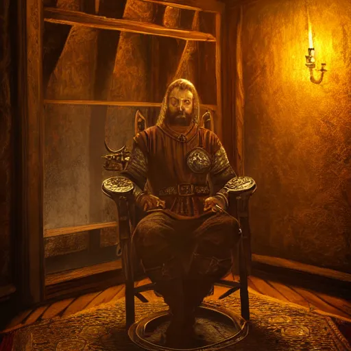 Prompt: the elder scrolls vi majestic gracious jarl portrait, rustic throne room, painted, dark room, one point of light coming through the window, atmospheric lighting, painted, intricate, volumetric lighting, beautiful, golden hour, sharp focus, ultra detailed, by mark kent, jordan lamarre - wan, igor kieryluk, maxim verehin, miranda meeks