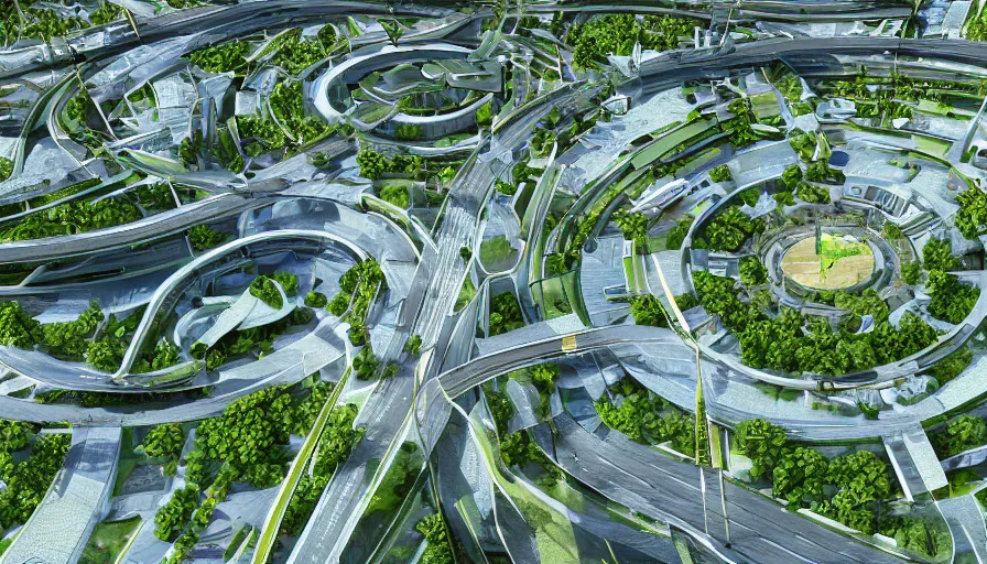 Prompt: roundabout green city with streets, blue buildings, water, highways, stadium, airport, hyperdetailed, artstation, cgsociety, 8 k