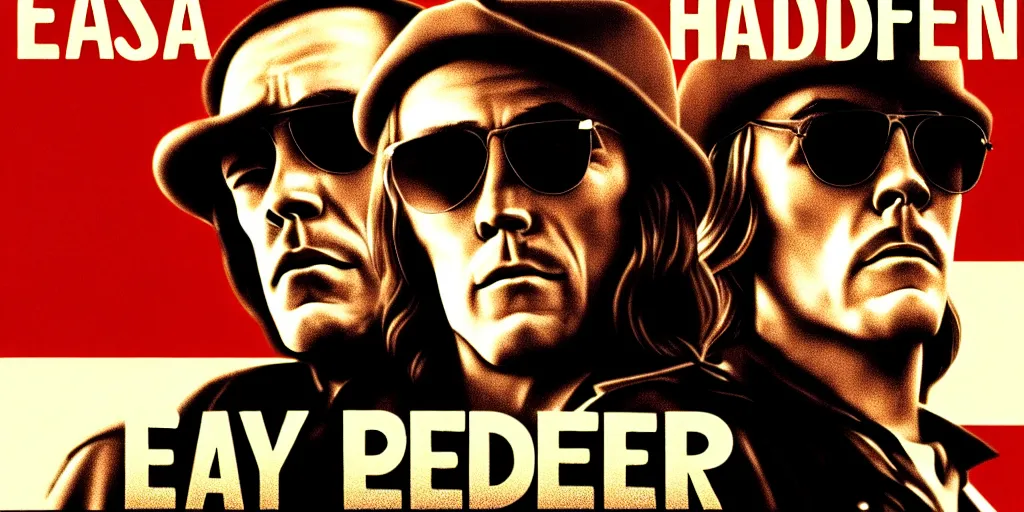 Prompt: easy rider movie poster with henry fonda and dennis hopper, unreal engine, detailed