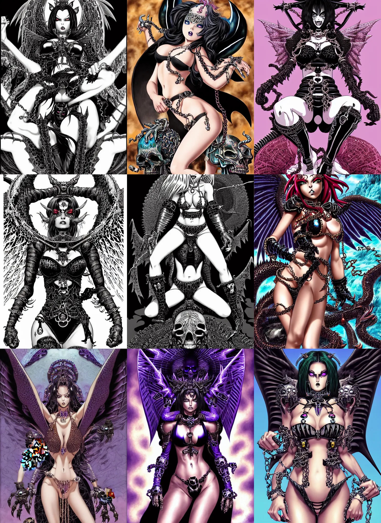 Prompt: gorgeous!! woman as a chained demoness sorcerer wearing a bikini, d & d, black angel wings, skulls at her hips, black dragon skin | art by jack kirby + akira toriyama + katsuhiro otomo + hirohiko araki | intricate, highly detailed, digital painting, smooth, sharp focus, hyper - realistic, symmetrical