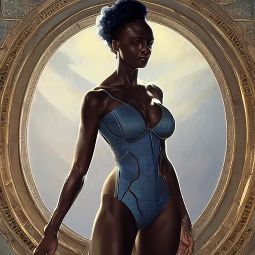 Image similar to full figure ultra realistic illustration, jodie turner - smith as ororo munroe, intricate, elegant, highly detailed, digital painting, artstation, concept art, smooth, sharp focus, illustration, art by artgerm and greg rutkowski and alphonse mucha