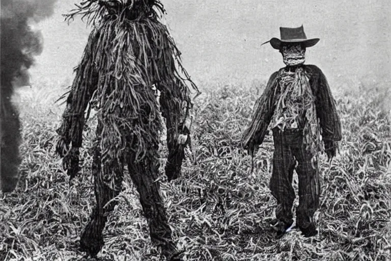 Prompt: disturbing scarecrow from the early 1 9 0 0's burning down the cornfields