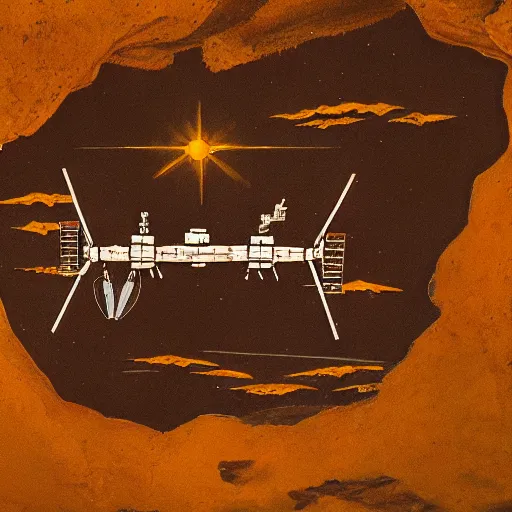 Image similar to an ancient cave painting of the international space station