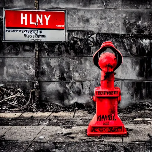 Prompt: heavy metal album cover featuring a fire hydrant surrounded by flames