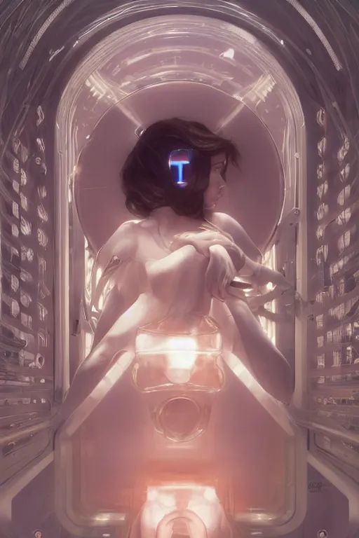 Image similar to beautiful and enigmatic ai held captive in a remote research facility. vulnerability and innocence, ultra realistic, sharp details, subsurface scattering, intricate details, warm lighting, beautiful features, highly detailed, photorealistic, octane render, 8 k, unreal engine, art by artgerm and greg rutkowski and alphonse mucha