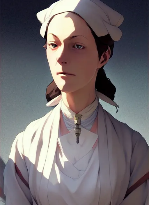 Image similar to 1 8 4 5 florence nightingale late 2 0's as nurse, character face study, faces only, concept art finely detailed perfect art, painted by greg rutkowski makoto shinkai takashi takeuchi studio ghibli, pinterest, cevagraf comics