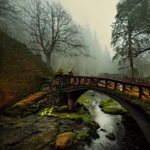 Image similar to inside a medieval hobbit home, ornate, beautiful, atmosphere, vibe, mist, smoke, chimney, rain, wet, pristine, puddles, waterfall, melting, snow, creek, lush, ice, bridge, forest, flowers, akihiko yoshida