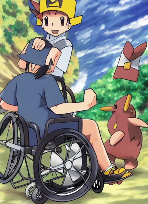 Image similar to a pokemon trainer traveling in a wheelchair, anime, art by ken sugimori