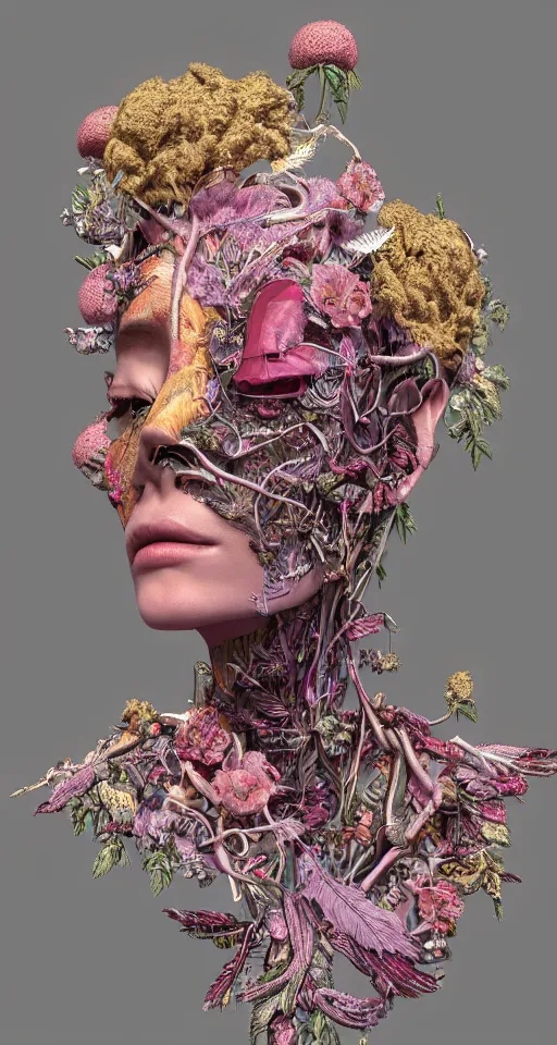 Prompt: cinema 4d colorful render, organic, ultra detailed, of a painted realistic face with growing buds, scratched. biomechanical cyborg, analog, macro lens, beautiful natural soft rim light, smoke, veins, neon, winged insects and stems, roots, fine foliage lace, pink and gold details, Alexander Mcqueen high fashion haute couture, art nouveau fashion embroidered, intricate details, mesh wire, computer components, motherboard, floppy disk eyes,mandelbrot fractal, anatomical, facial muscles, cable wires, elegant, hyper realistic, in front of dark flower and feather pattern wallpaper, ultra detailed, 8k post-production