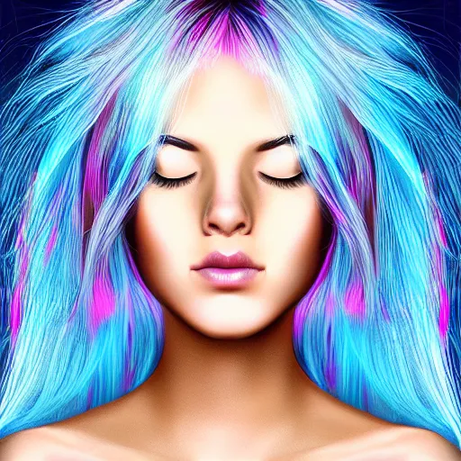 Prompt: portrait of a beautiful girl with iridescent translucent hair, her eyes are closed, hair is floating, digital art, ethereal