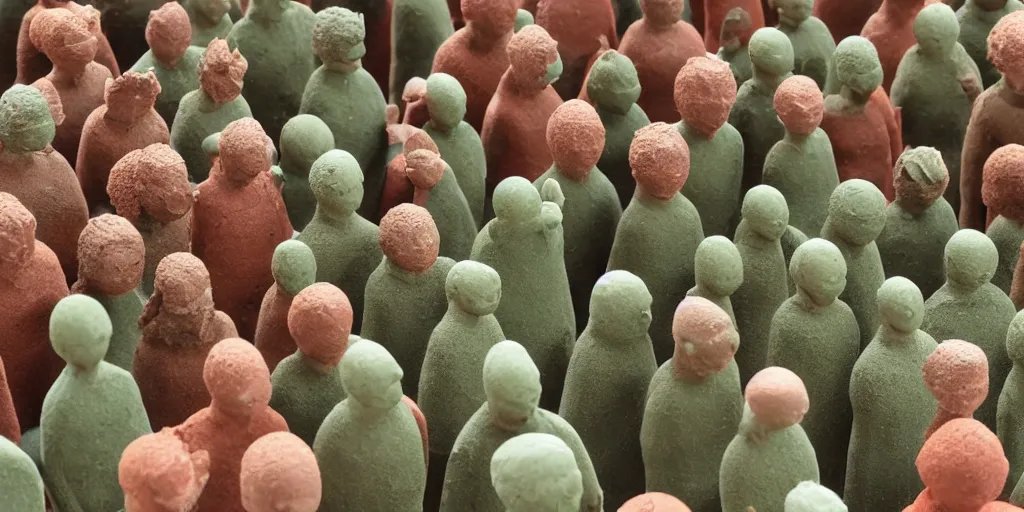 Prompt: A crowd of green clay figures, but one of them is red instead of green