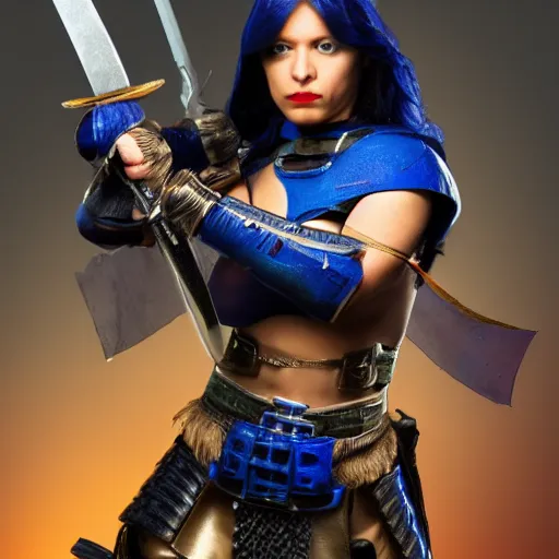 Prompt: photo of a female rogue warrior with lapis lazuli armour and weapons