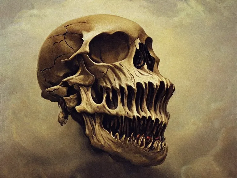 Prompt: an oil painting of a shrieking animal skull with fangs floating in aurora, anatomical skull by beksinski carl spitzweg and tuomas korpi. baroque elements, full-length view. baroque element. intricate artwork by caravaggio. Trending on artstation. 8k