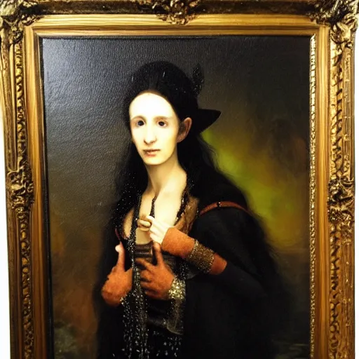 Prompt: high quality oil painting portrait of elvish sorceress queen by Rembrandt