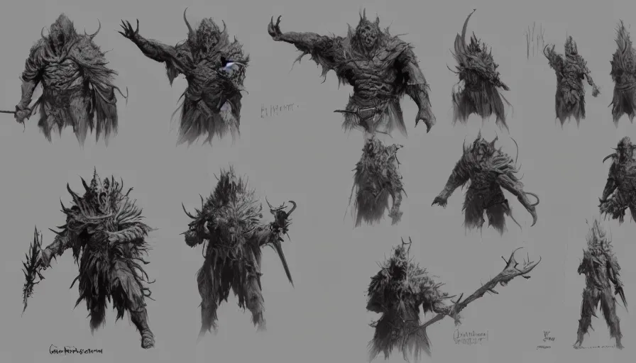 Image similar to feral chieftain charector concept sheet, beksinski, ruan jia, the hobbit orc concept, dark soul concept