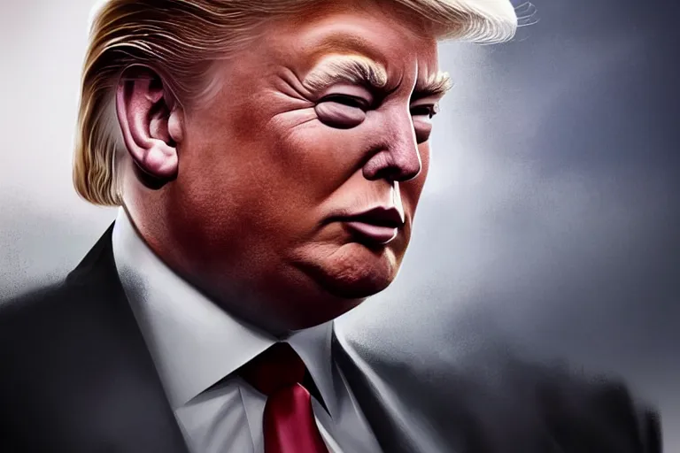 Image similar to elon musk - donald trump hybrid portrait, octane render, volumetric lighting, award - winning, perfection, ambitious, featured on artstation, by greg rutkowski, ambient occlusion, hyper - realism, 4 k hd, qled,