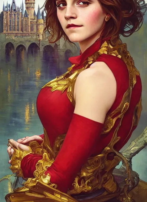 Image similar to oil painting of emma watson giving seductive look wearing red and gold. hogwarts in background beautiful detailed face. by artgerm and greg rutkowski and alphonse mucha