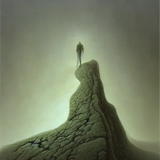 Prompt: arm reaching out of thick fog, slabs of granite, zdzislaw beksinski