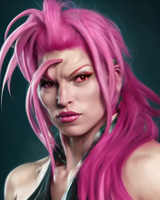 Image similar to portrait of poison from street fighter, au naturel, hyper detailed, digital art, trending in artstation, cinematic lighting, studio quality, smooth render, unreal engine 5 rendered, octane rendered, art style by klimt and nixeu and ian sprigger and wlop and krenz cushart.