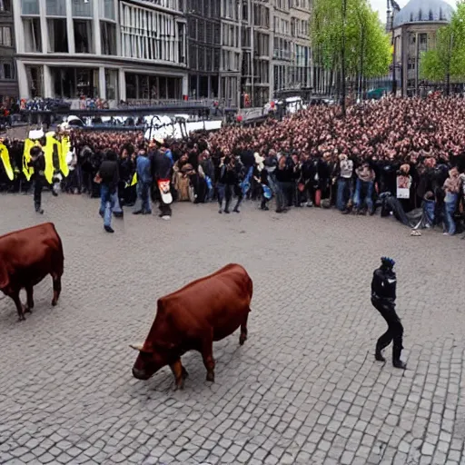 Image similar to cows demonstrating with police, on dam square amsterdam, burning, sirens police