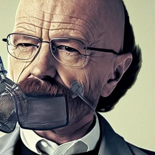 Prompt: walter white with a rough beard, wearing an oxygen mask, sitting in a wheelchair in a courtroom.