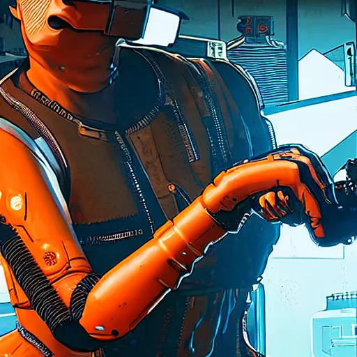 Image similar to mechanic wearing cyberpunk 2 0 7 7 industrial mechanical arms. orange and black color scheme. concept art by james gurney and mœbius. ( apex legends )