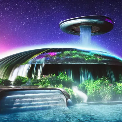 Prompt: cinematic view of a hyperrealistic futuristic metal house with a waterfall coming out of it into a pool of bubbling photons, alien planet, alien fauna, red and green hues, blue and purple sky, cosmos in sky, galaxy in sky, hd, 3 d, 8 k, shadowed texture, symbolism, surrealm light rays, concept art, octane render