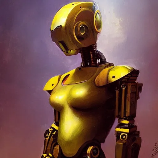 Prompt: portrait of a robot by greg rutkowski in the style of frank frazetta and boris vallejo