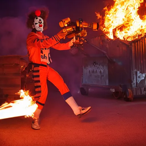 Image similar to photo of a clown using a flamethrower. In the background there is a dumpster fire. award-winning, highly-detailed, 8K