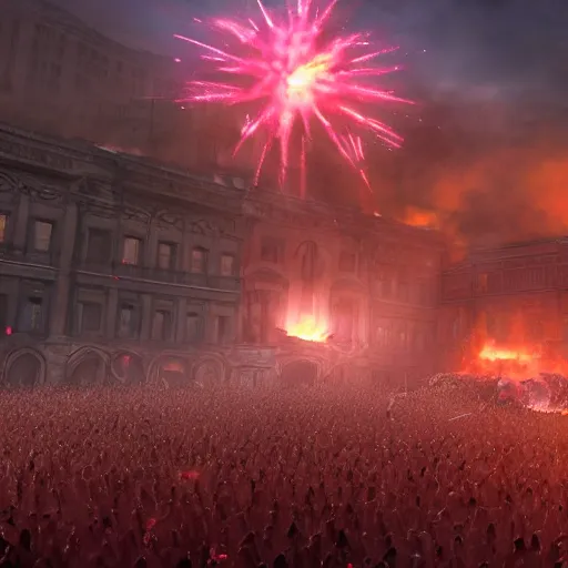 Image similar to the biggest mosh pit in the world, punks throwing Molotovs in the air, fighting, flame and fire, glowing upside cross, cinematic, epic, volumetric, godrays, dynamic lighting, dust flying up into the air, people shooting into the air with guns, octane render, photorealistic, unreal engine, artstation, artstation trending, artstation hq, artstation hd, Pinterest, 8k, ultra detailed, ultra realistic,