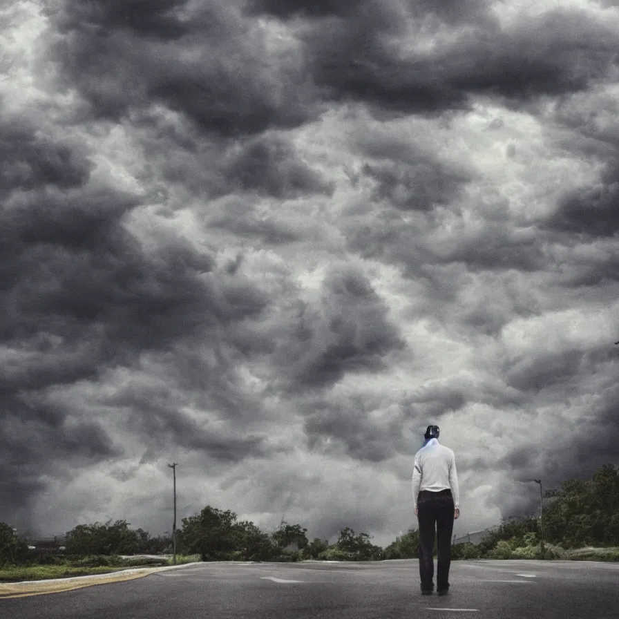 Image similar to Artwork of a man standing in the middle of the street with a stormy clouds floating above his shoulders.